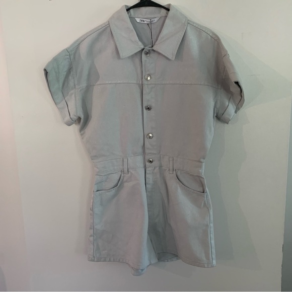 Zara Shimmery Metallic Gray Denim Jumpsuit Romper Size Medium - Picture 2 of 14